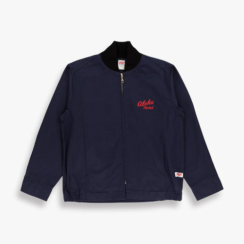 1960s Surf Club jacket with high definition embroidered design.  High definition embroidery featuring the logo of Palm Springs' Aloha Hotel, officially endorsed product.  Heavy navy cotton twill outer with taped seams, rib collar, nickel zipper and cats eye buttons.