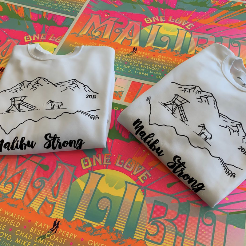 GC malibu strong white sweatshirt with black lined mountains, a horse, and lifeguard tower.