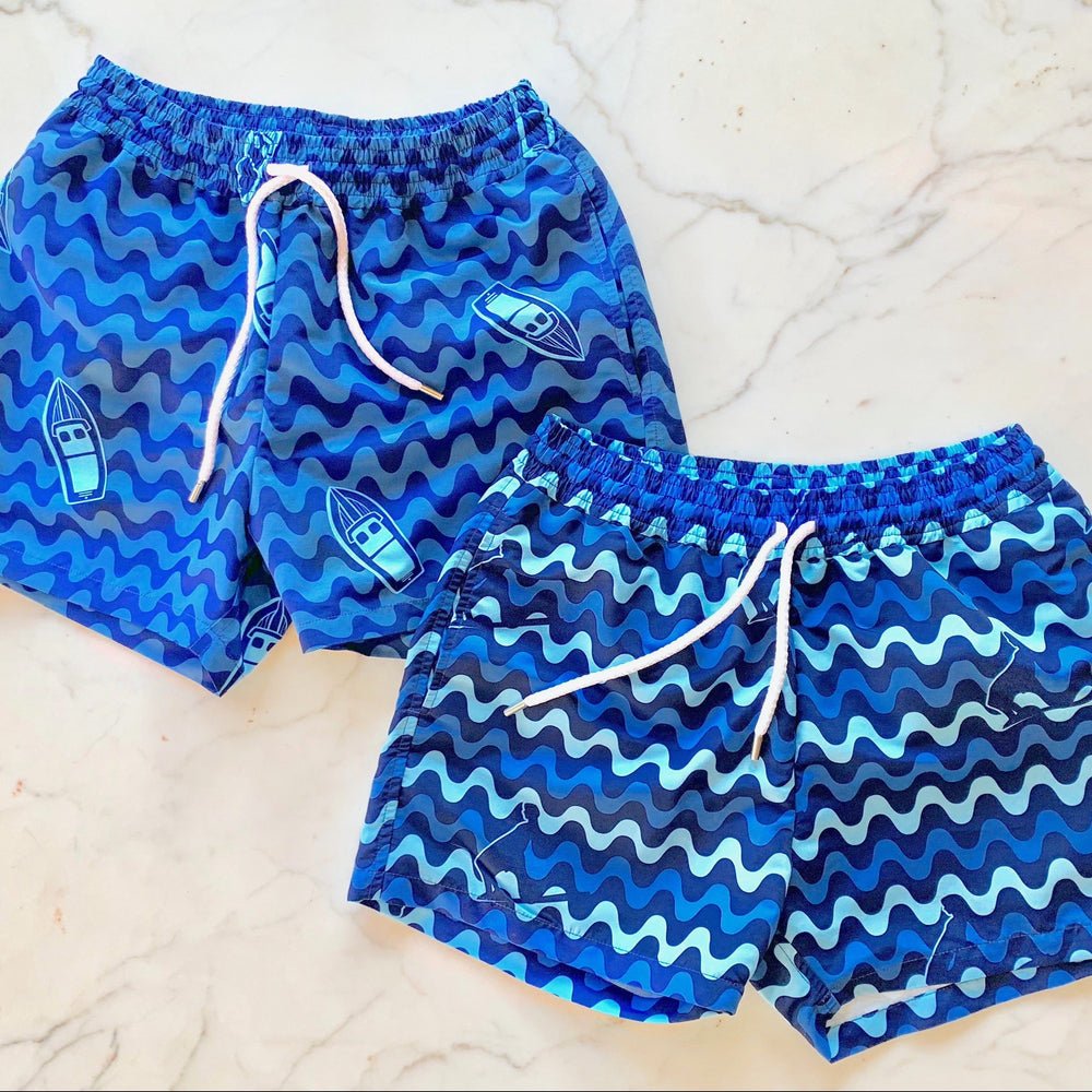 Frescobol and Ranch at the Pier surfer trunks. Printed with a graphic wave design, this pair of large 'Copacabana' swim shorts is made from lightweight technical fabric.