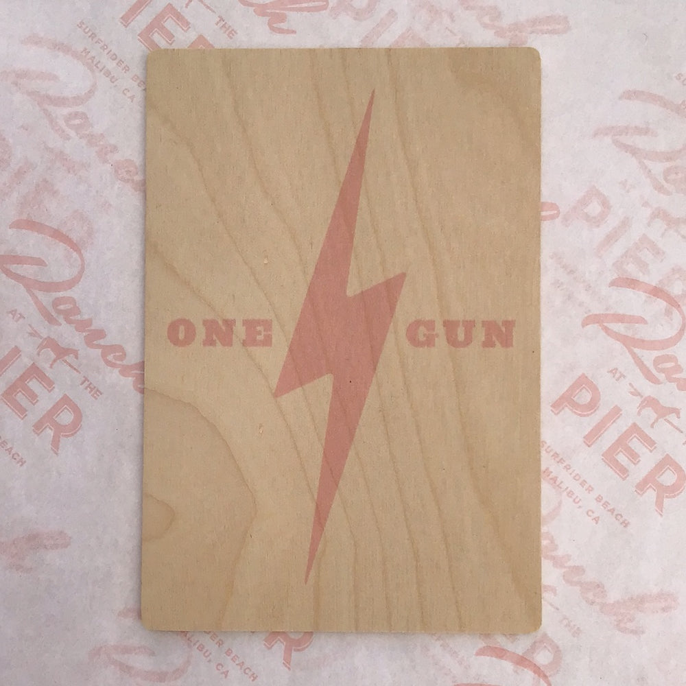 One Gun Wooden Postcard (Lightning Bolt Pink)