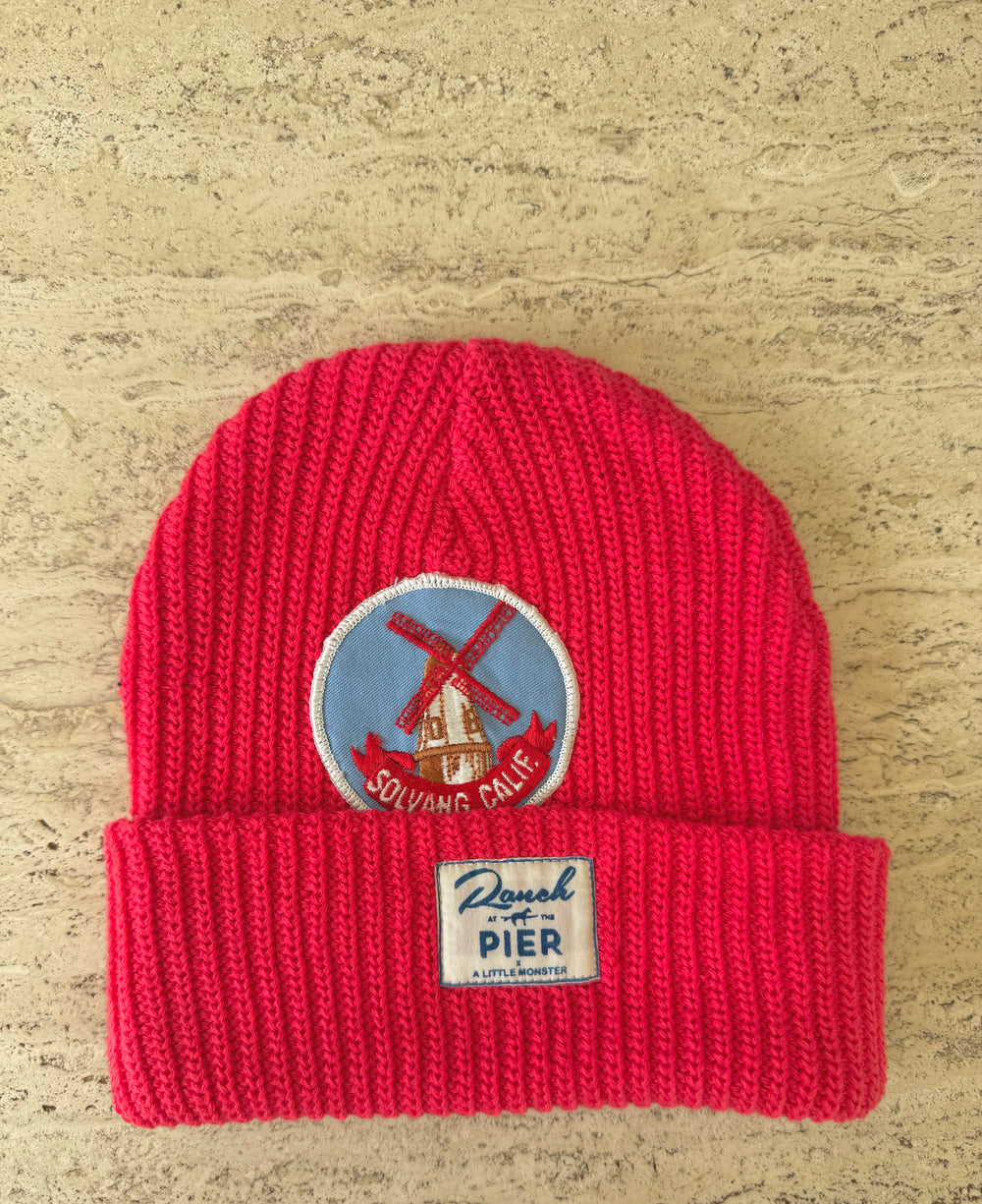 Red Momo Beanie "Solvang CA"/ 1 patch