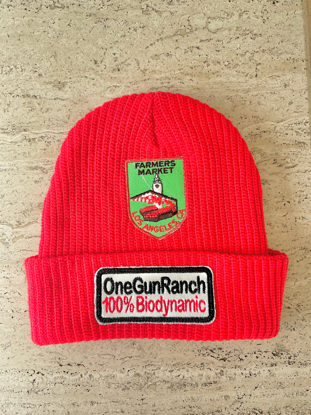 Red Momo Beanie "Farmers Market"/ 2 patches