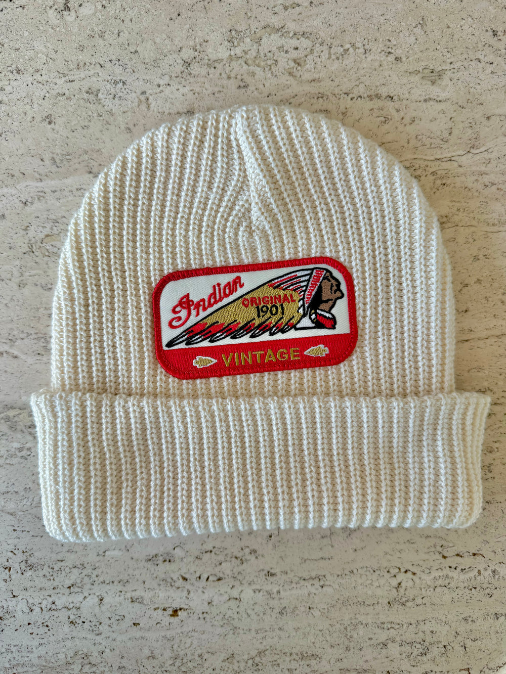 White Momo Beanie "Indian Vintage"/  1 patch