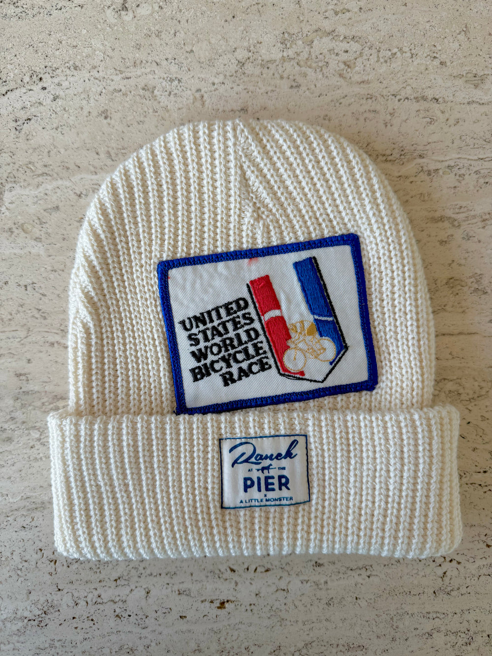 White Momo Beanie "US World Bicycle Race"/  1 patch