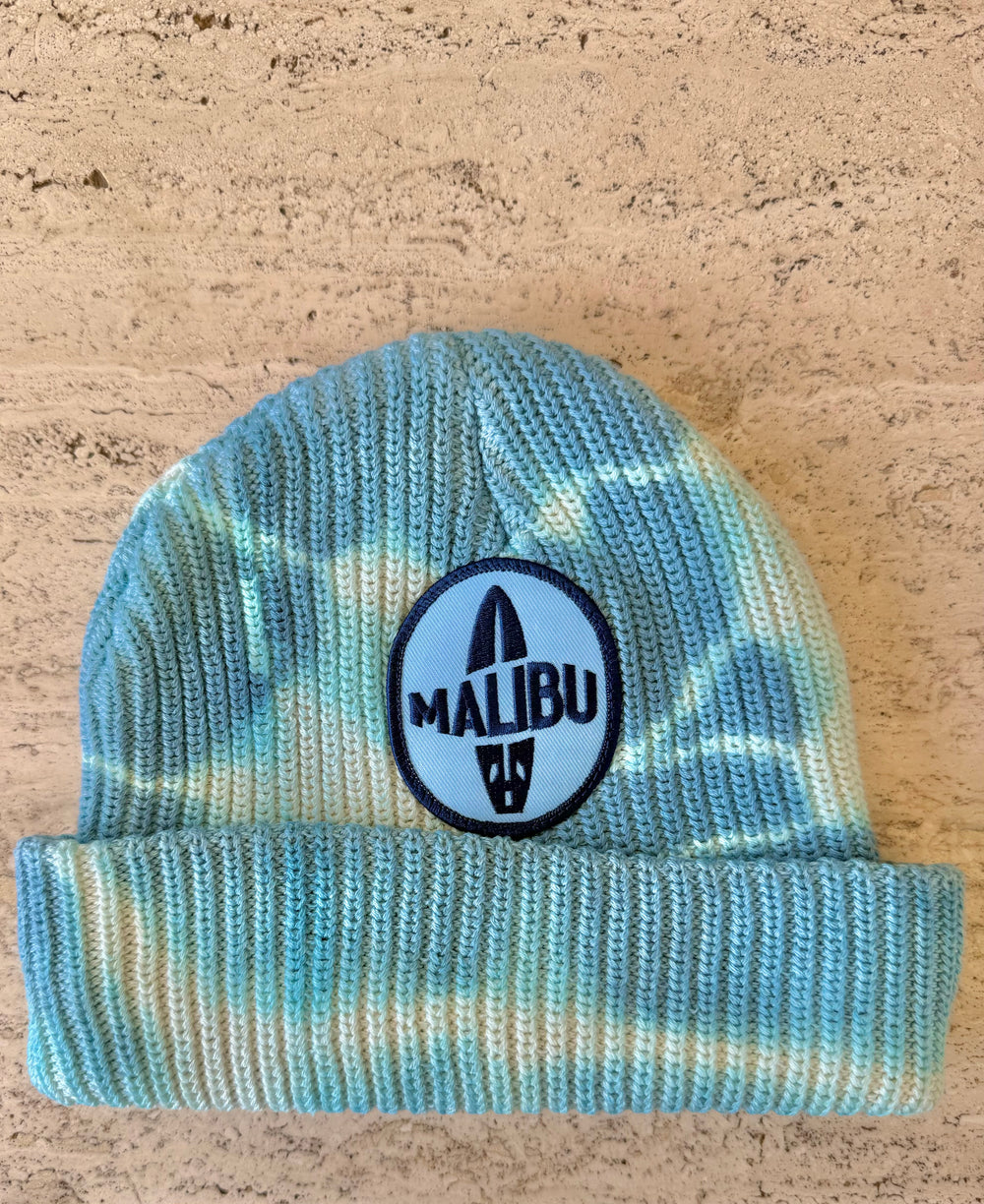 Tie-Dye /Light Blue Momo Beanie "Malibu Surfboard"/ 1 patch