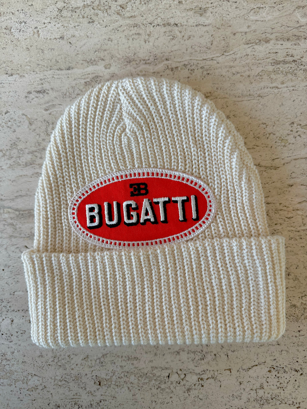 White Momo Beanie "Bugatti"/  1 patch