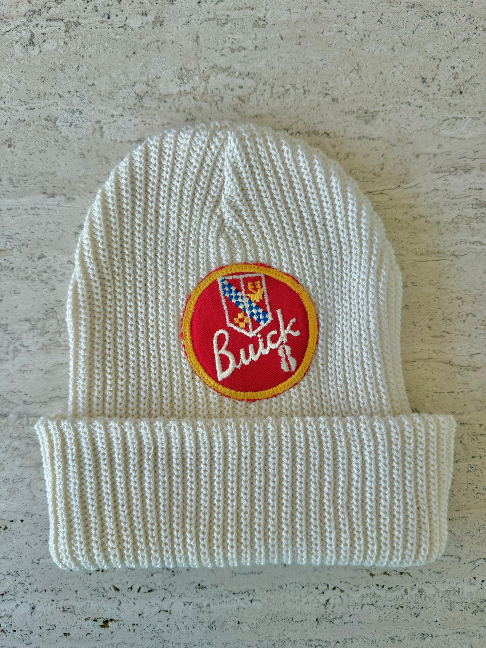 White Momo Beanie "Buick"/  1 patch