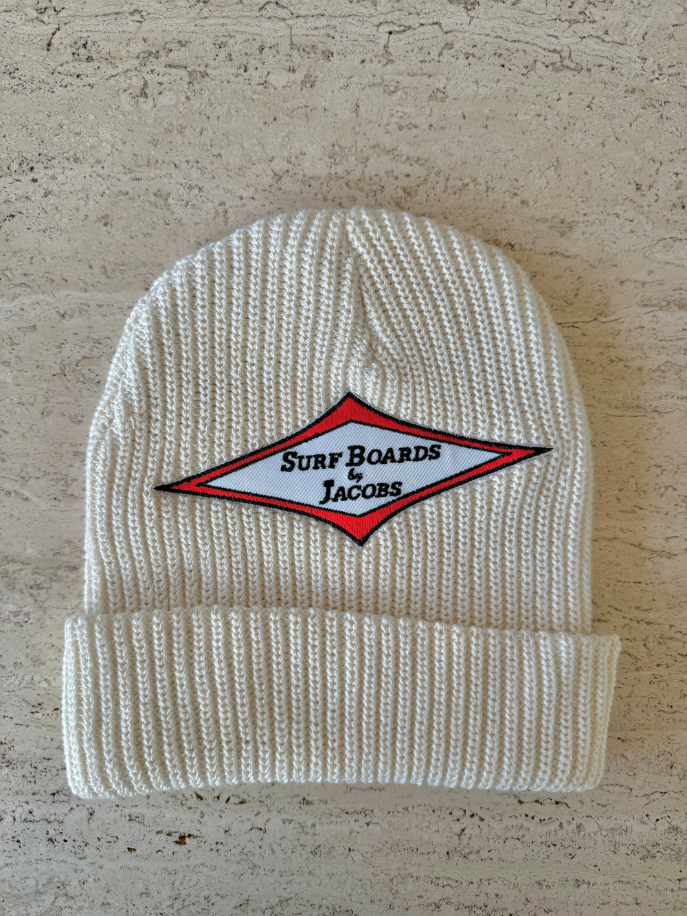 White Momo Beanie "Jacobs Surfboards"/  1 patch