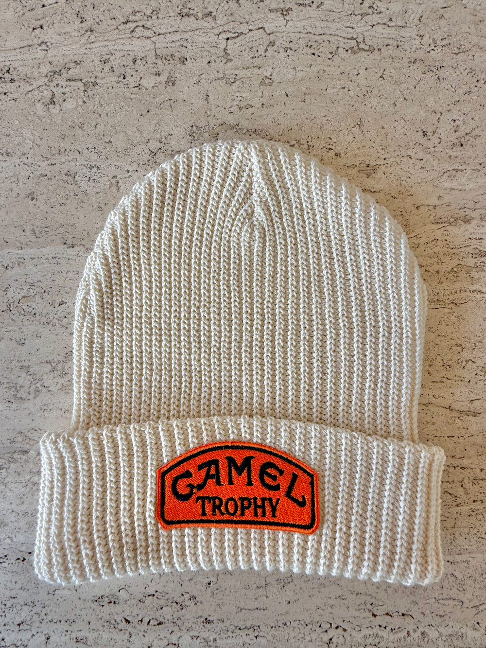 White Momo Beanie "Camel Trophy Orange"/  1 patch