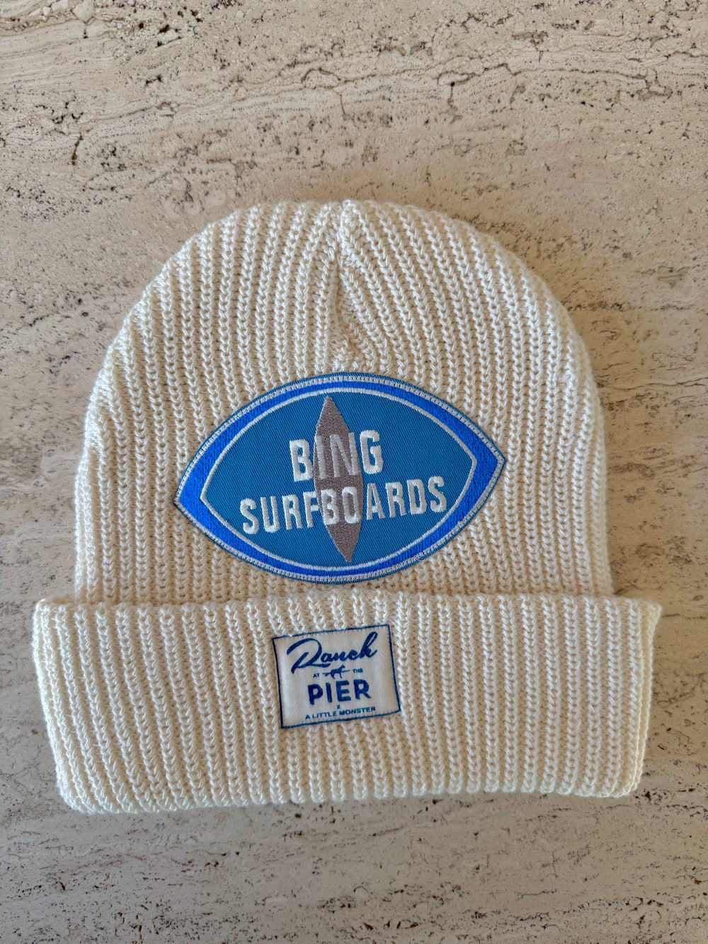 White Momo Beanie "Bing Surfboards"/  1 patch