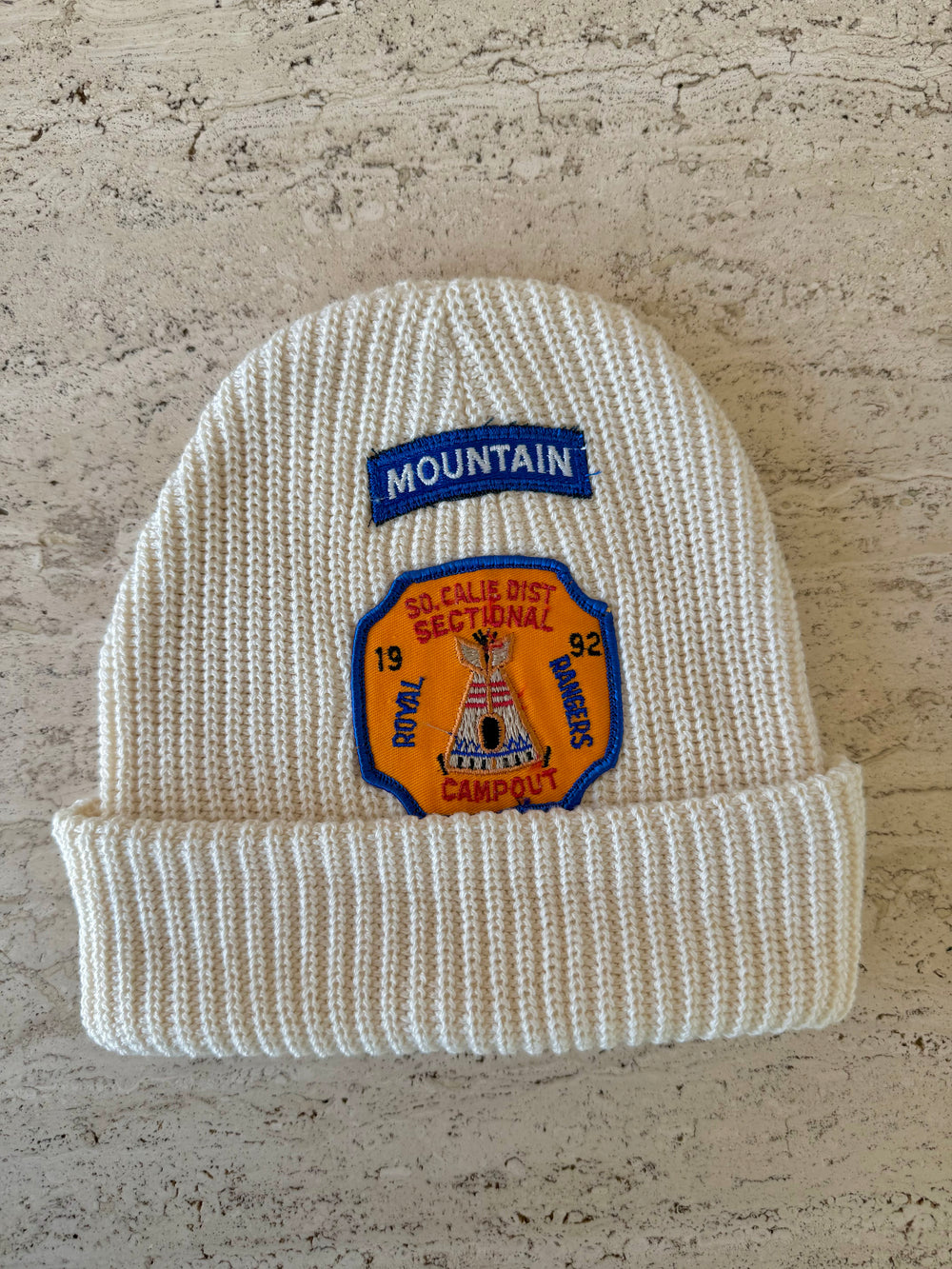 White Momo Beanie "Mountain Campout"/  1 patch