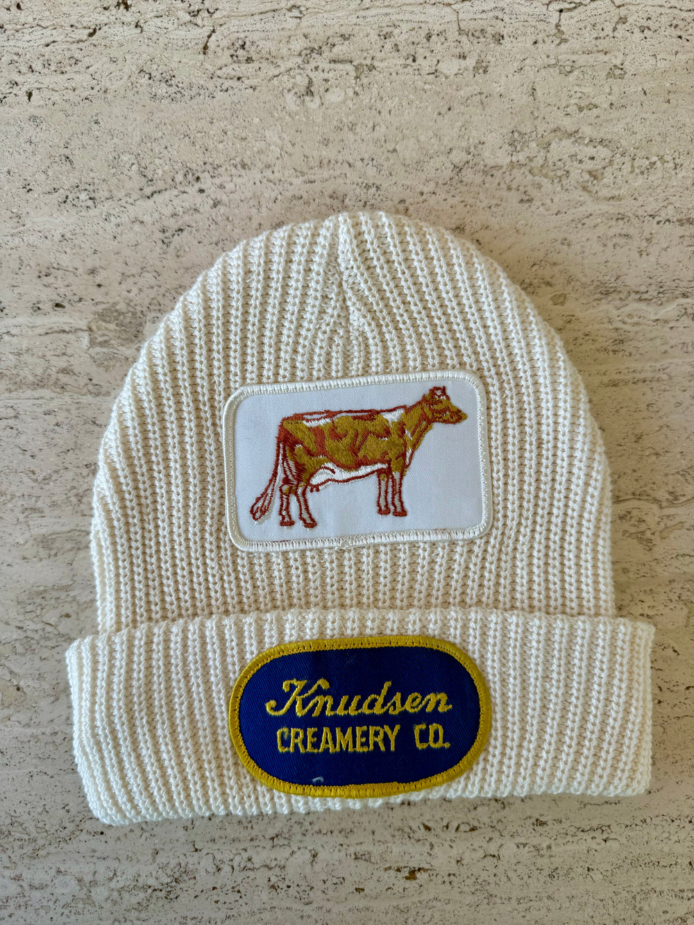 White Momo Beanie "Knudsen Creamery"/  2 patches