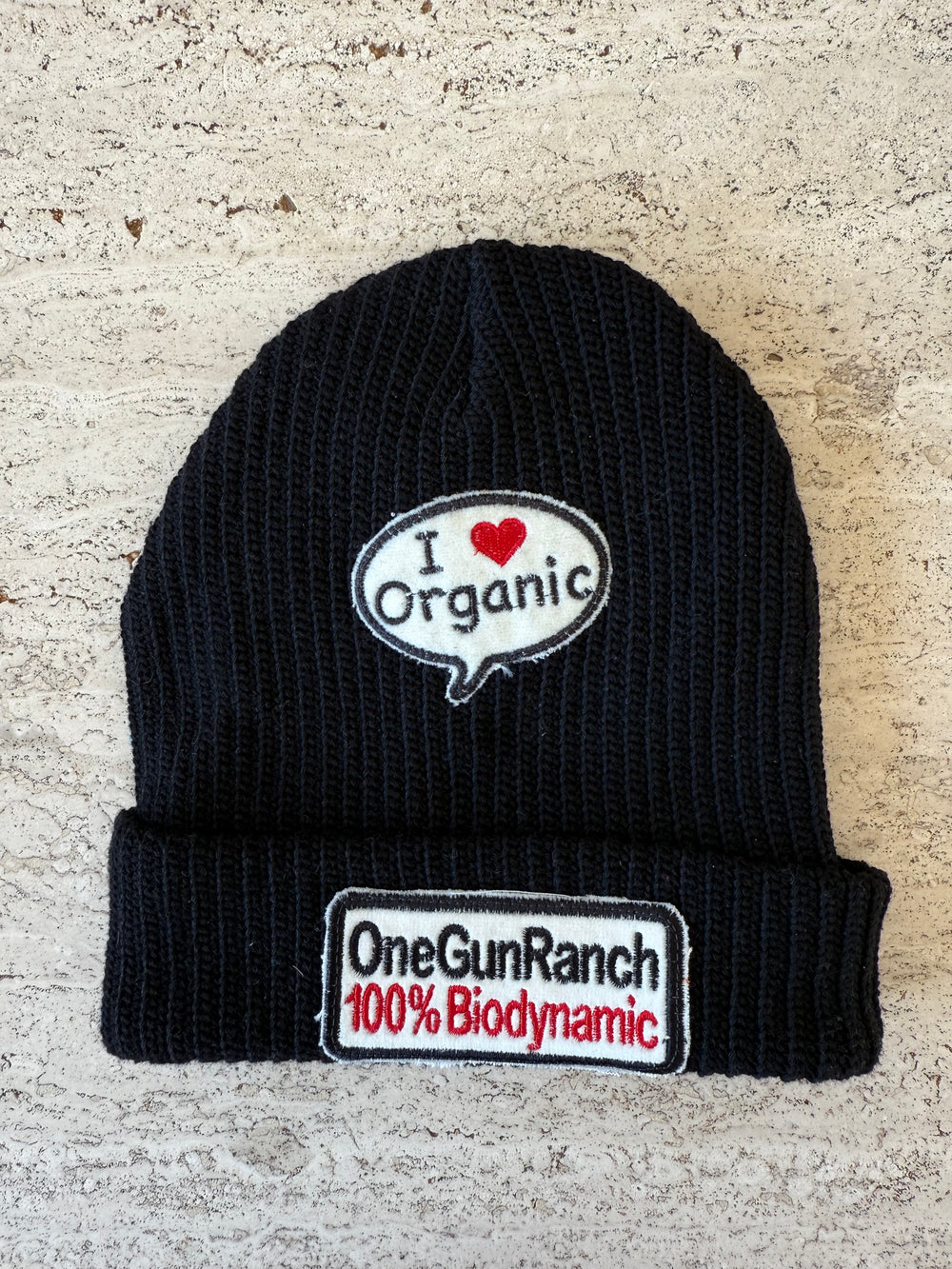 Black Momo Beanie "I love Organic One Gun Ranch "/  2 patches