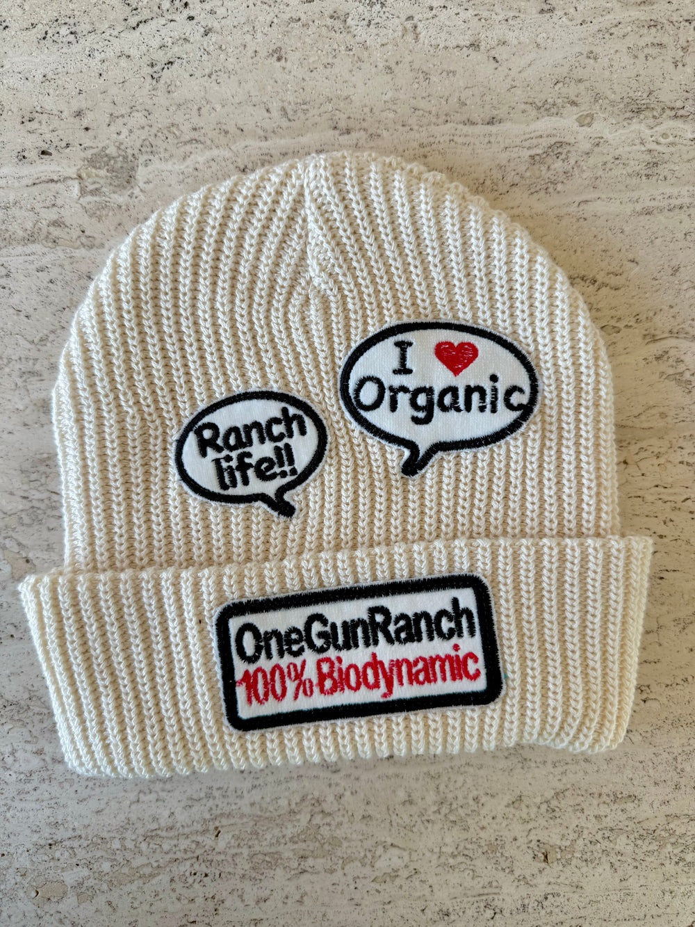 White Momo Beanie "I Love Organic Ranch Life OGR 100% Biodynamic "/  3 patches