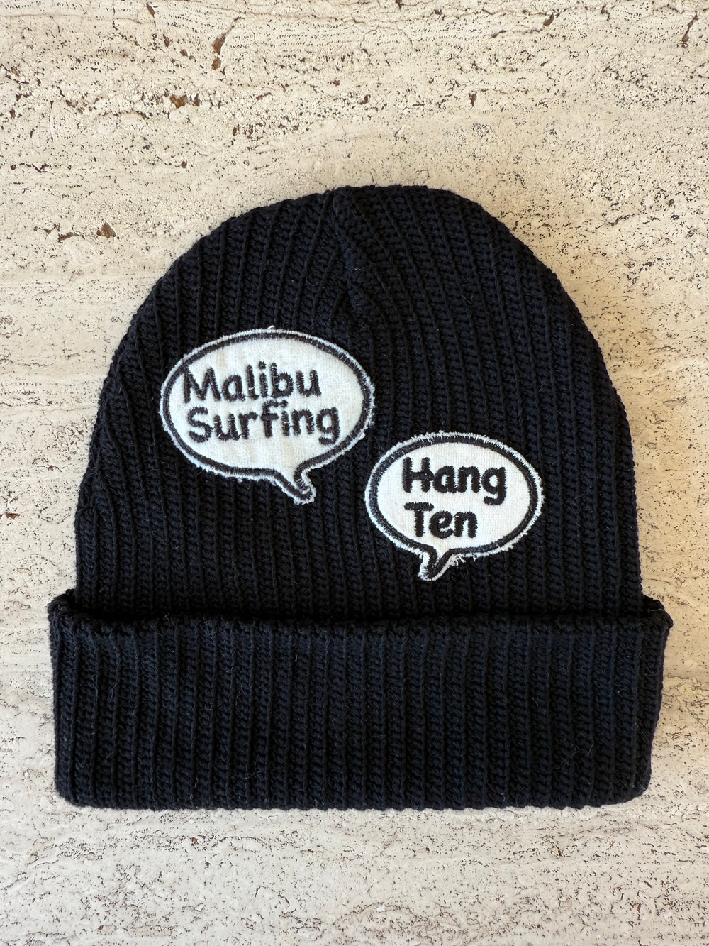 Black Momo Beanie "Malibu Surfing Hang Ten "/  2 patches