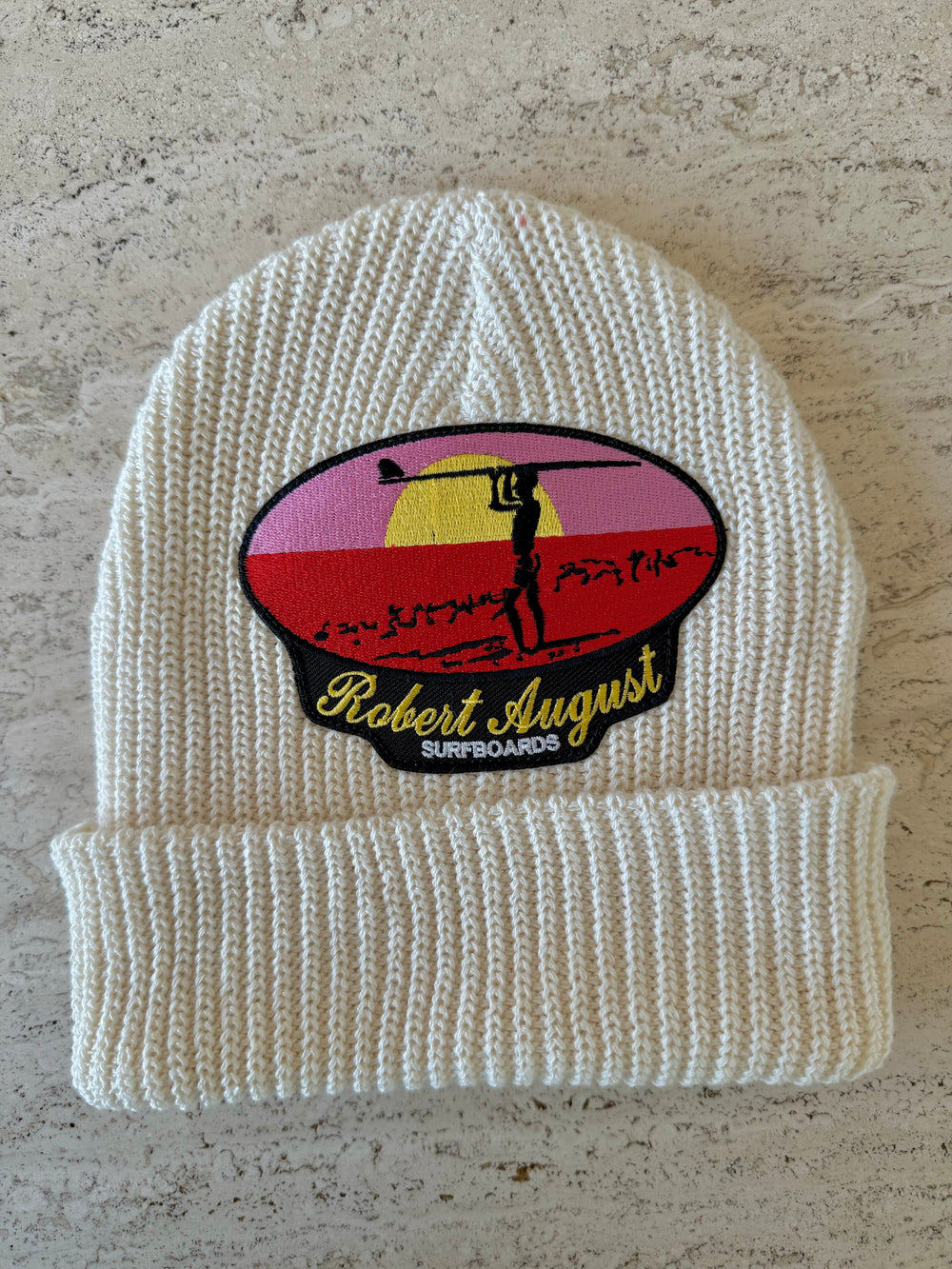 White Momo Beanie "Robert August Surfboards "/  1 patch