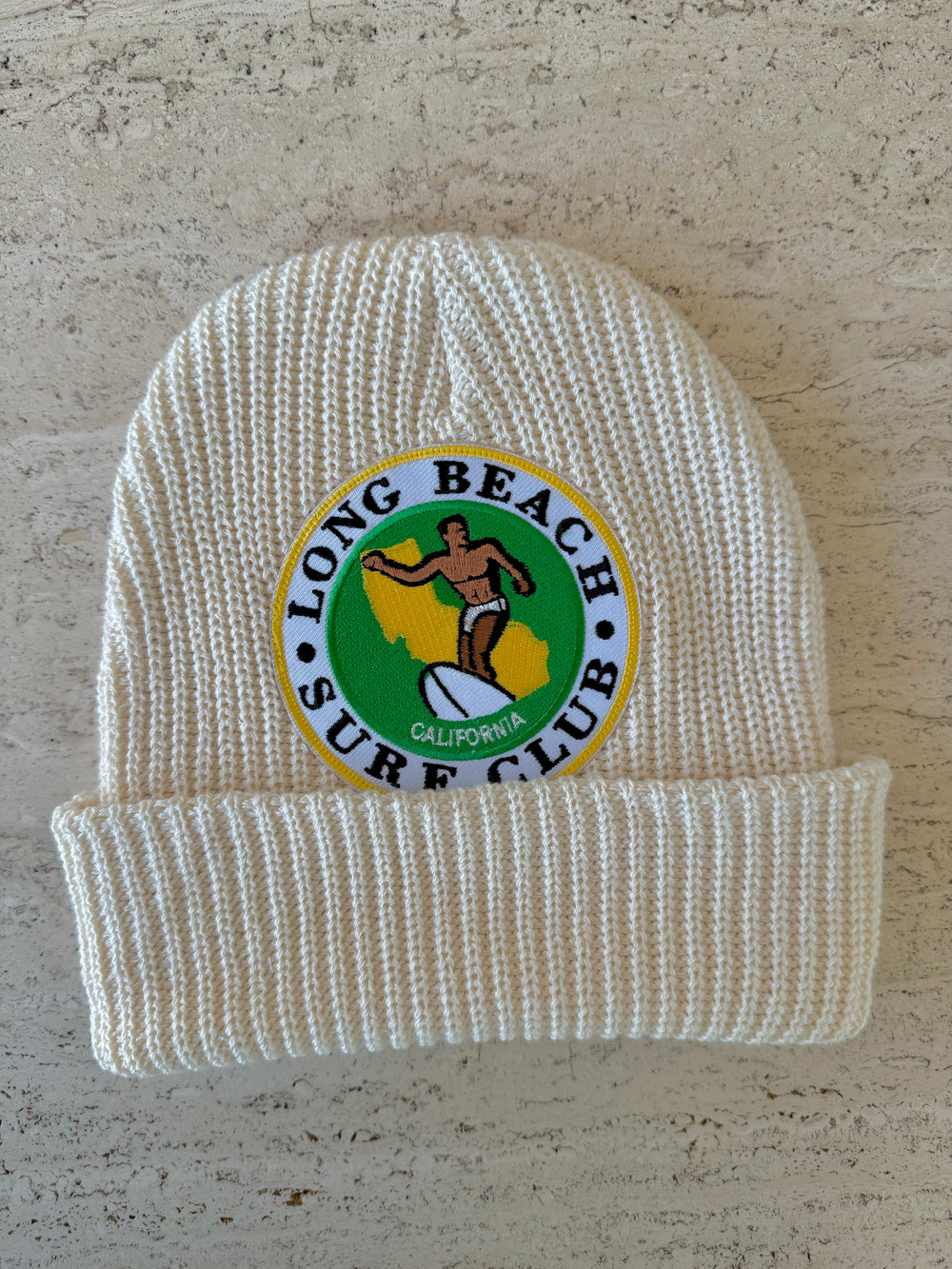 White Momo Beanie "Long Beach Surfclub "/  1 patch