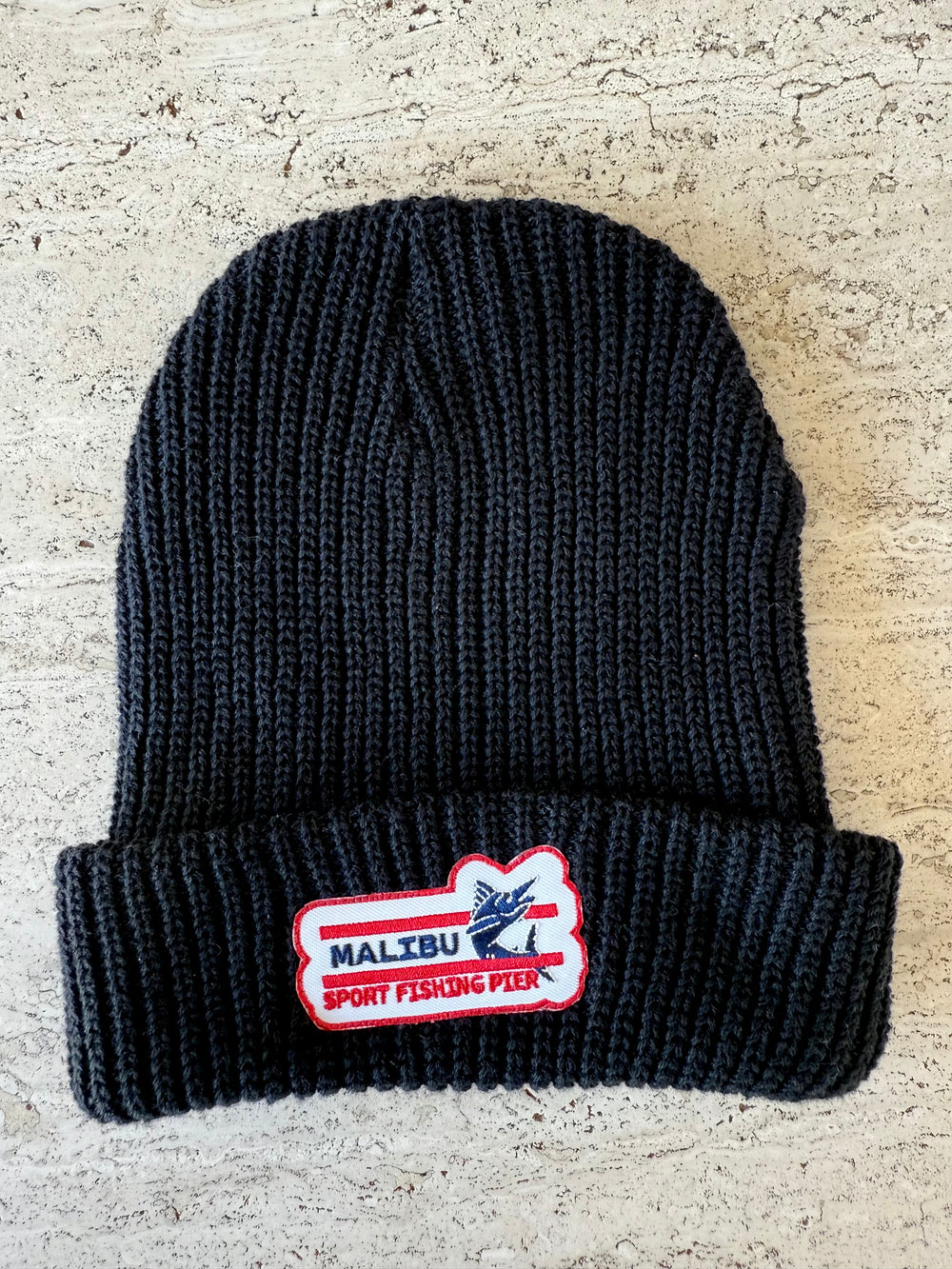 Black Momo Beanie "Malibu Sports Fishing Pier"/  1 patch