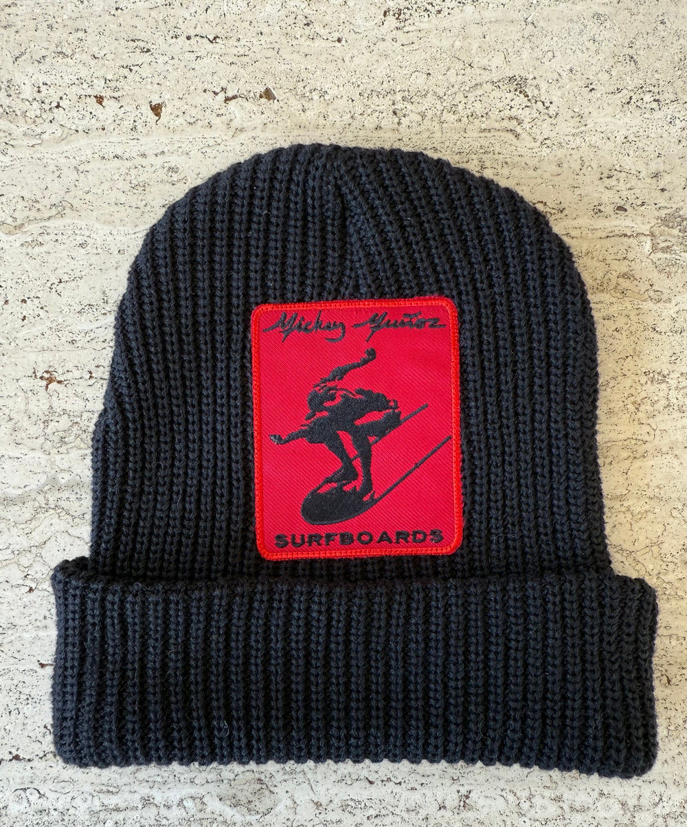 Black Momo Beanie "Mickey Munoz Surfboards"/  1 patch