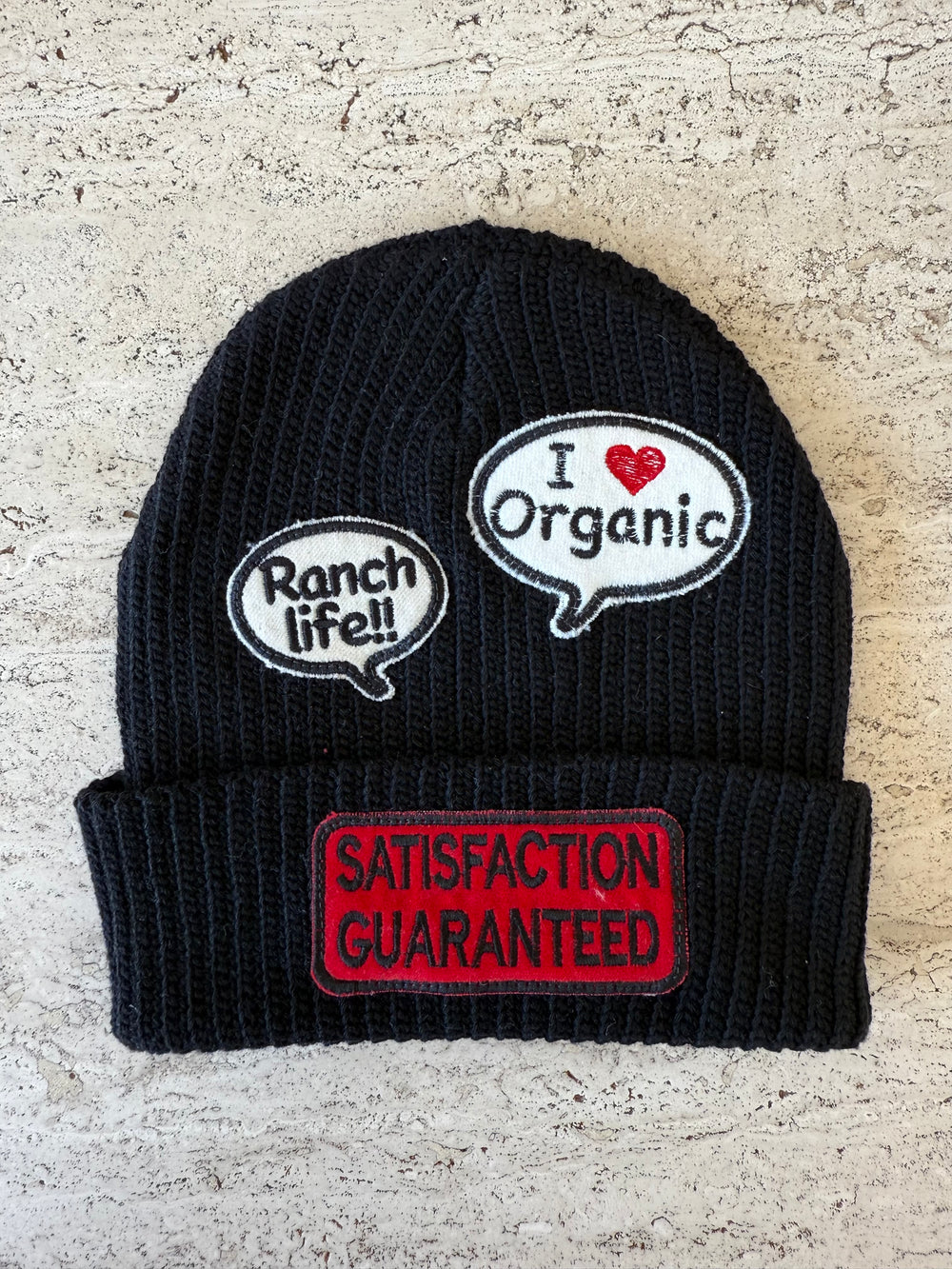 Black Momo Beanie "Satisfaction Guaranteed"/  3 patches