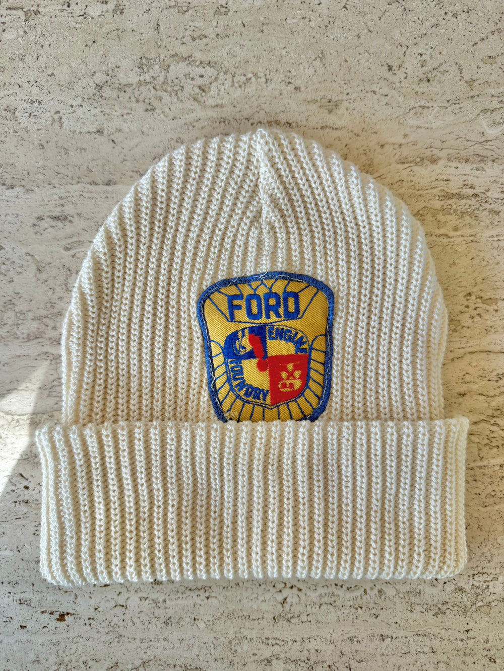 White Momo Beanie "Ford"/  1 patch