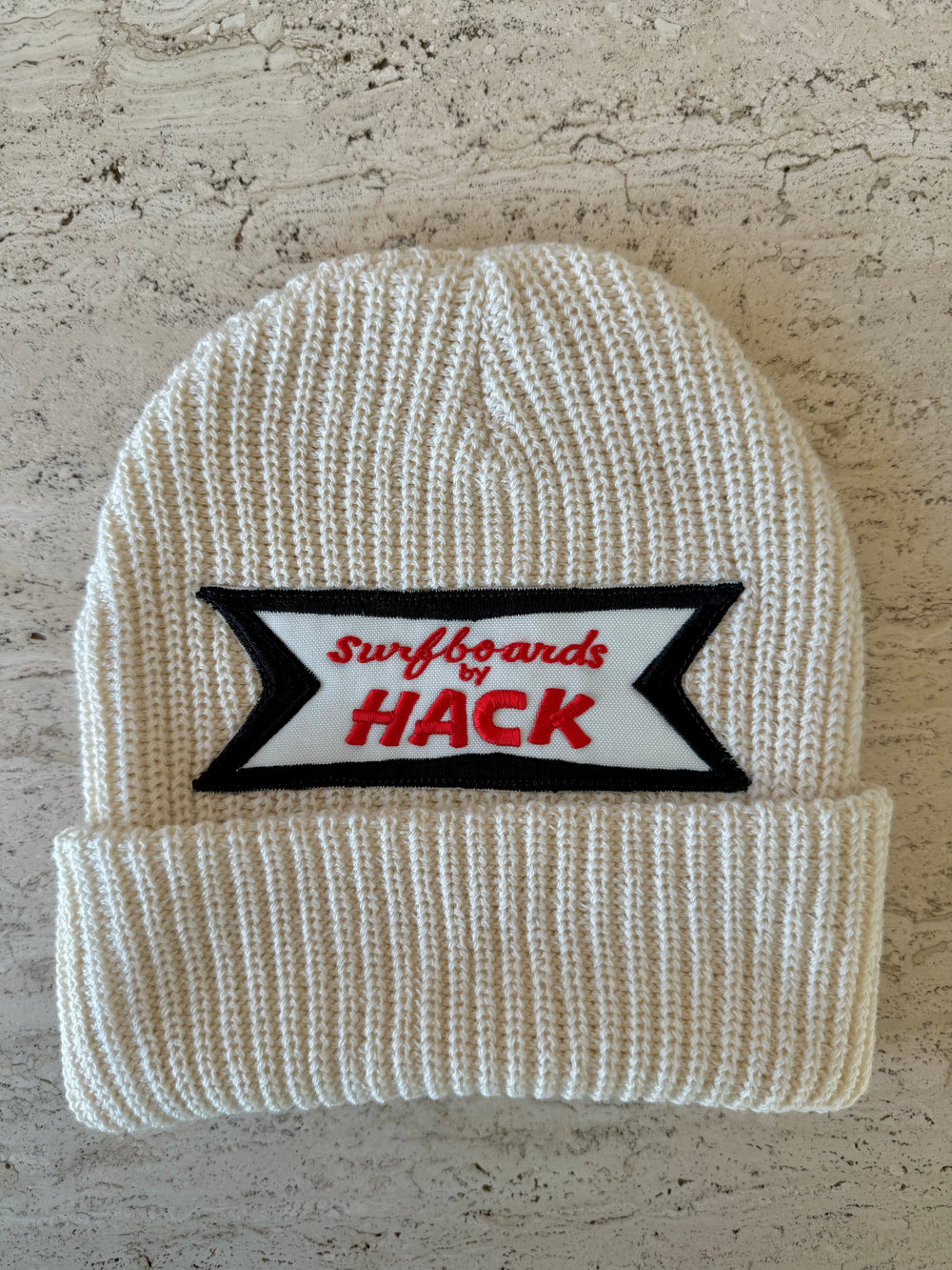 White Momo Beanie "Surfboards by Hack"/  1 patch