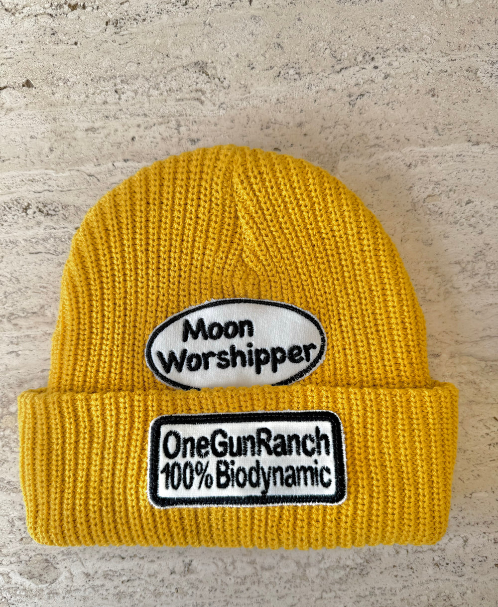 Yellow Momo Beanie "Moon Worshipper"/ 2 patches