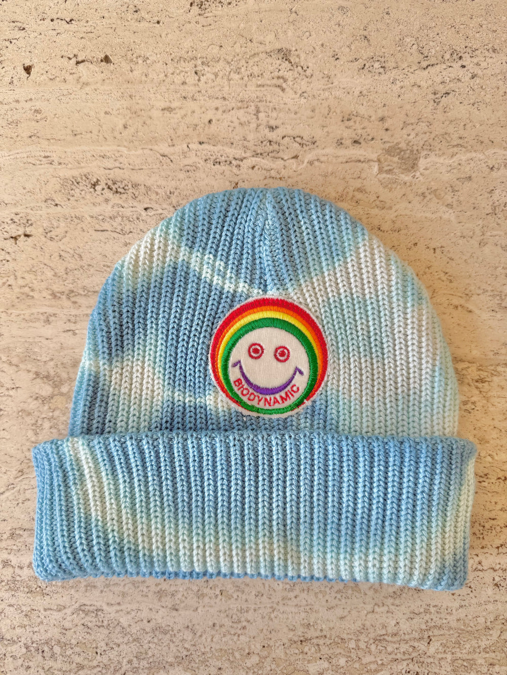 Tie-Dye /Light Blue Momo Beanie "Smiley Biodynamic"/ 1 patch