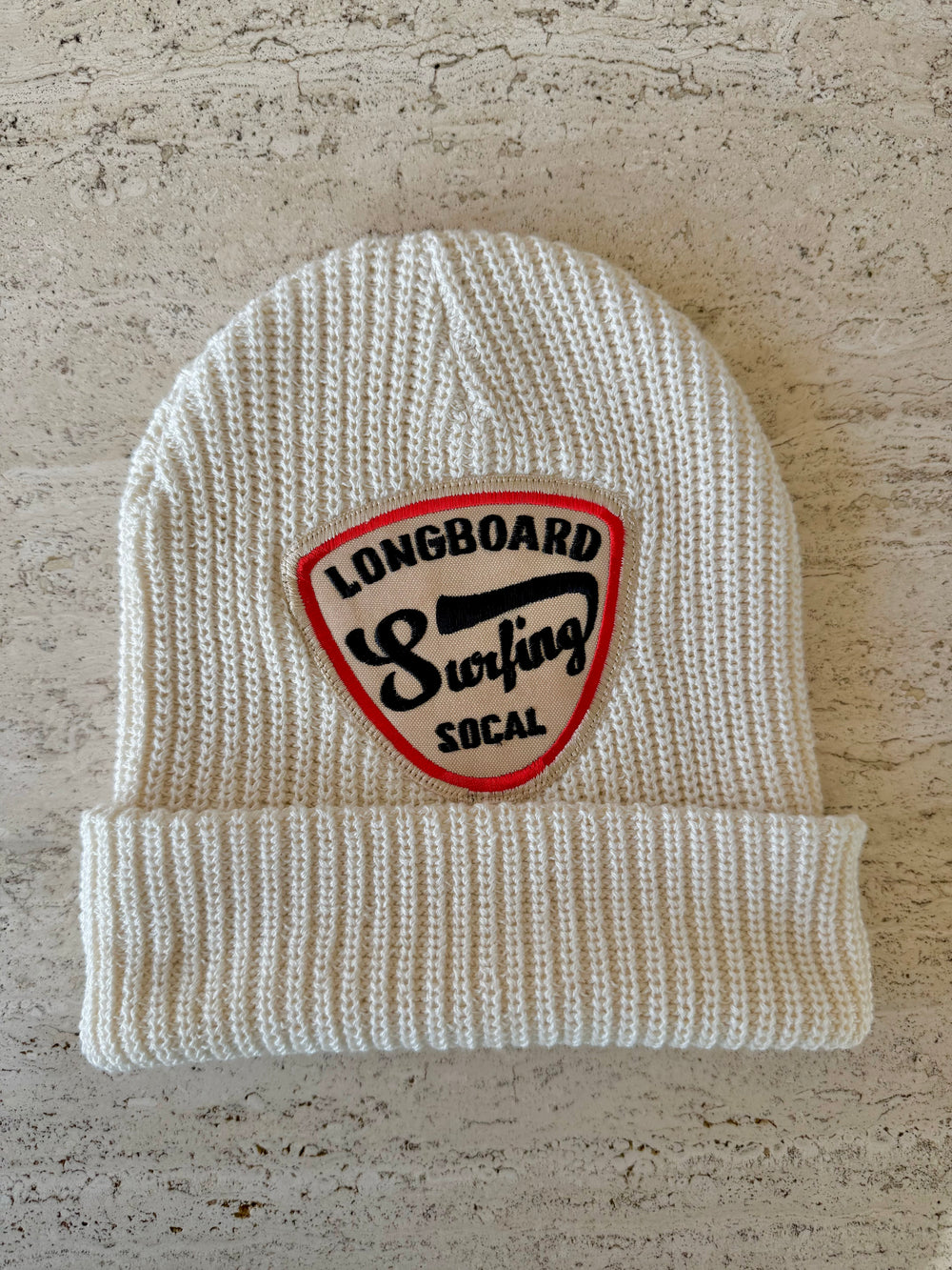 White Momo Beanie "Longboard Surfinf SOCAL"/  1 patch