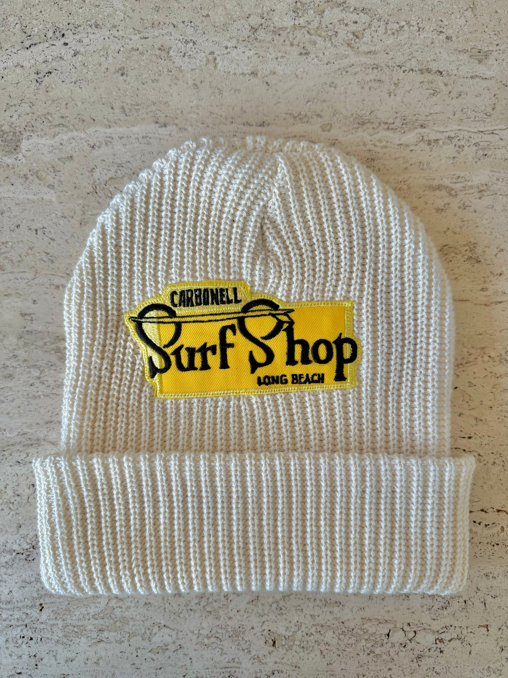 White Momo Beanie "Surf Shop Long Beach"/  1 patch