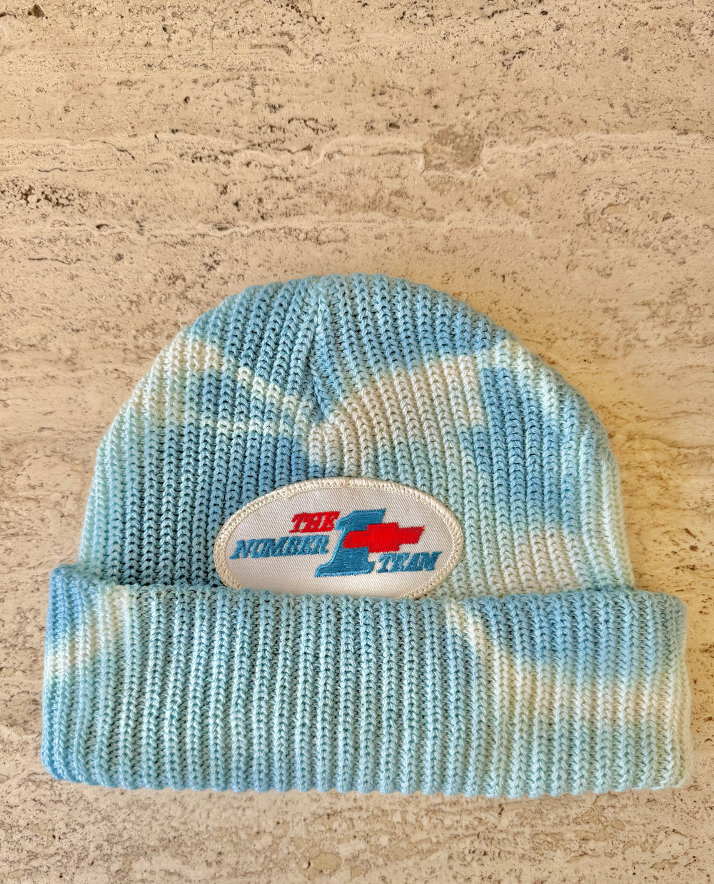 Tie-Dye /Light Blue Momo Beanie "No. 1 Team"/ 1 patch