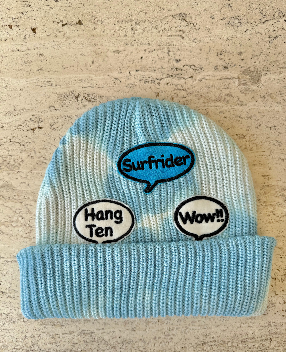 Tie-Dye /Light Blue Momo Beanie "Surfrider Hang Ten Wow"/ 3 patches