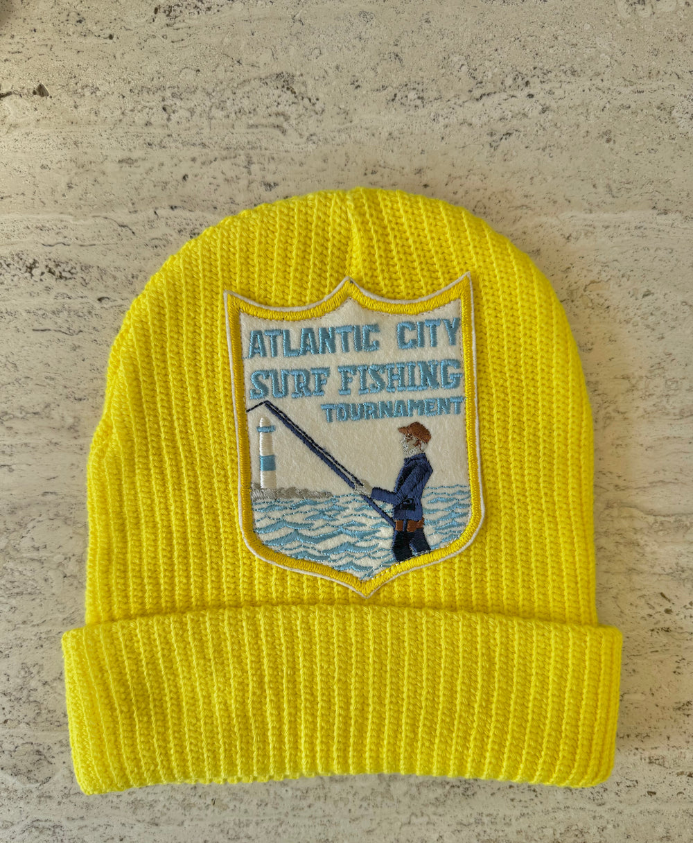 Yellow Momo Beanie "Atlantic City Surf Fishing "/ 1 patch