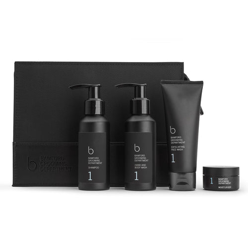 Discover the Bamford Grooming Department - Perfect for travel, this kit contains everything you need: BGD Shampoo 90ml BGD Hand and Body Wash 90ml BGD Exfoliating Face Wash 75ml BGD Moisturiser 15ml Fragrance notes - A rare blend of fresh Vetiver, Bergamot and Cassis tempered with an elegant combination of wood smoke, warming dark Amber, Agarwood and leather.