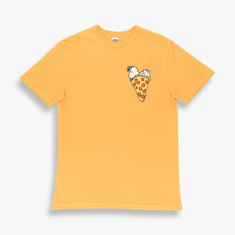 TSPTR Snoopy Pizza T-Shirt. Orange, gray and white shirts with a design of snoopy laying on top of a slice of pizza  Edit alt text