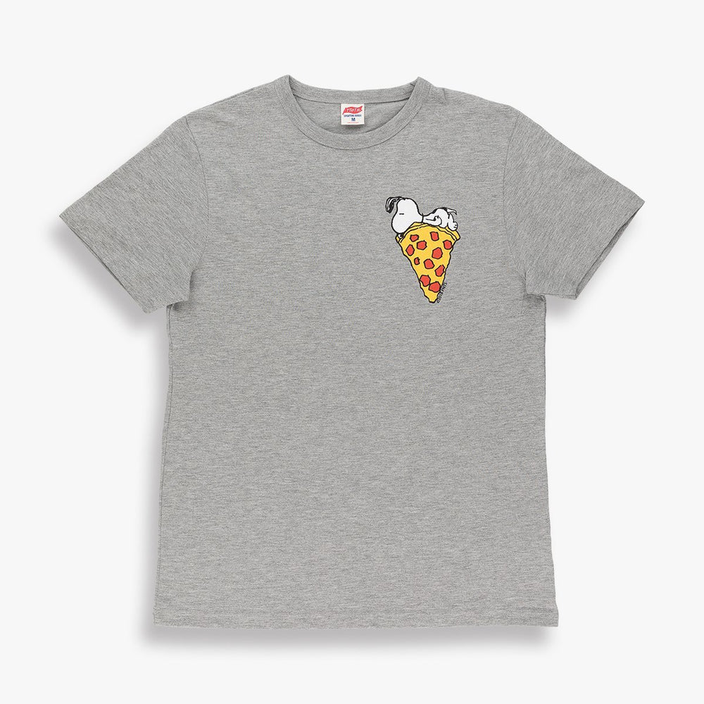 TSPTR Snoopy Pizza T-Shirt. Orange, gray and white shirts with a design of snoopy laying on top of a slice of pizza 