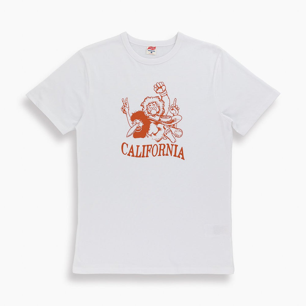 TSPTR Freaks T-shirt. Yellow shirt with a red design off odd looking people. The word california below them.