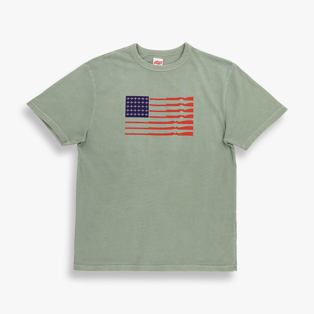 TSPTR Merica T-Shirt. A green shirt. A flag design where the stars are replaced by airplanes, and the stripes are guns. 