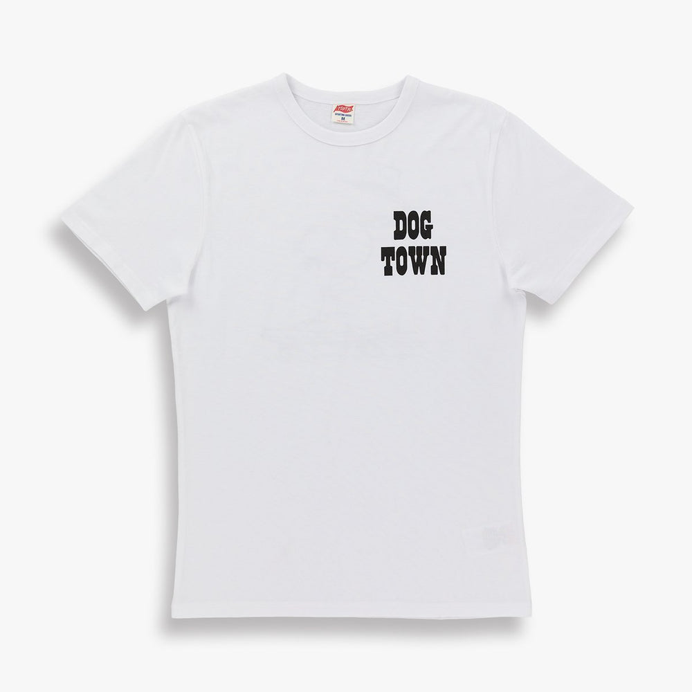 TSPTR Dogtown T-shirt. White shirt with the words Dog Town printed on the left. 100% cotton. 