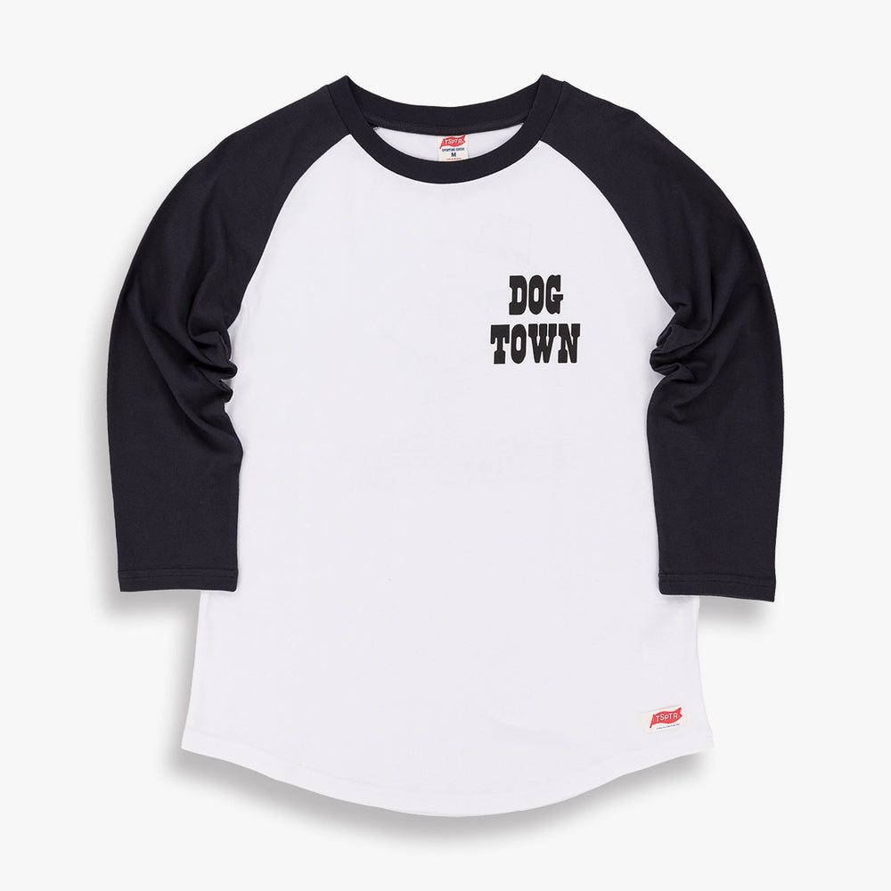TSPTR Dogtown Raglan T-shirt. White shirt with black three quarter length sleeves. The words Dog Town is across the left side. 