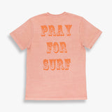 TSPTR PRAY FOR SURF T-Shirt. White shirt with the words Pray For Surf on it in orange letters on the back. Roadrunner holding a surfboard is on the front.