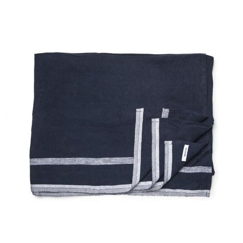 Navy blue and gray Daylesford dylan linen table cloth. 100% Linen. Made in India.