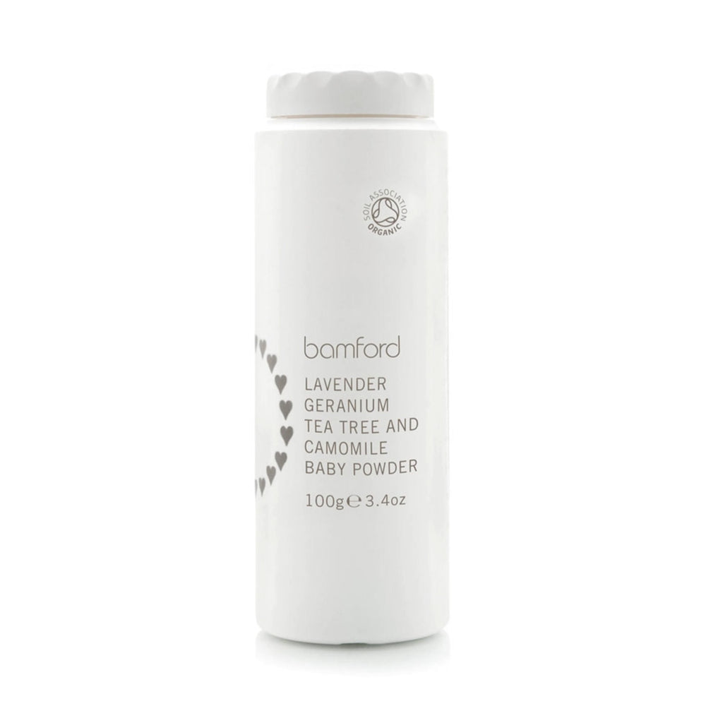 An exceptionally gentle talc-free fine powder safe for use on babies. Infused with Bamford’s soothing blend of camomile, lavender, geranium and tea tree to safely soften and protect baby’s skin. Specially formulated for use on delicate young skin.  95% Organic Ingredients. Certified by the Soil Association. SIZE - 100g