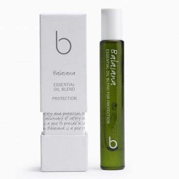 A green translucent bottle with a white twist on lid bottle and box say Bamford Balaiana essential oil blend protection. 100% Organic ingredients, certified Organic by the Soil Association. 4 x 8ml