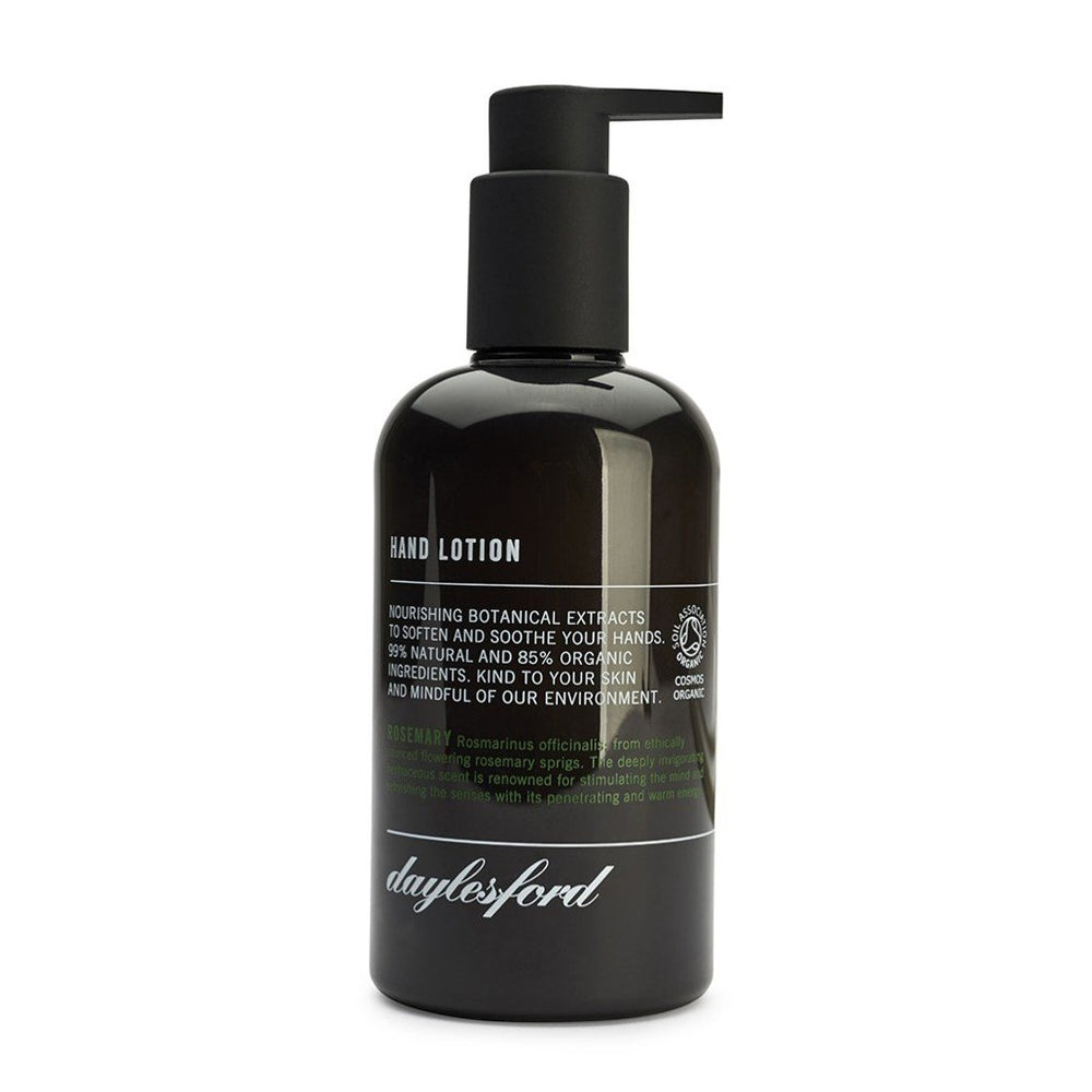Daylesford organic hand lotion. Black bottle and black push down pump lid. Nourishing botanical extracts to soften and soothe your hands 99% natural and 85% organic ingredients. Rosemary orange scent
