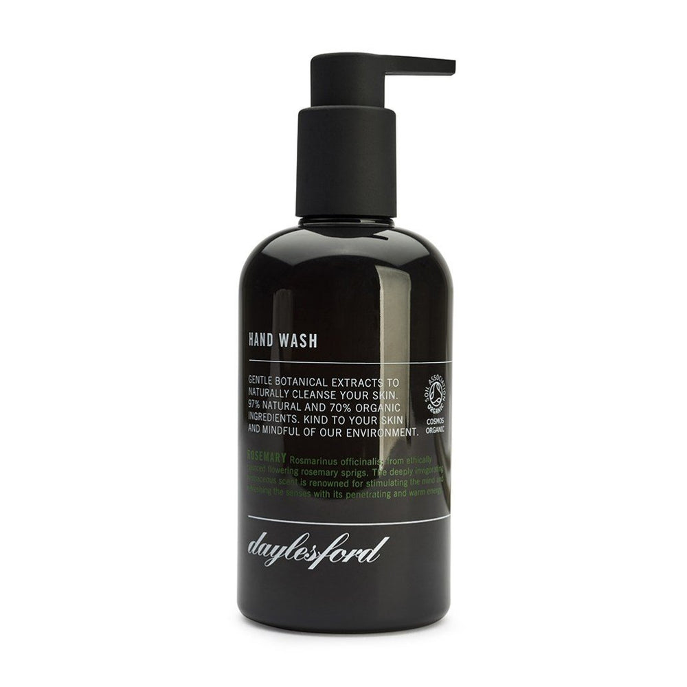 Daylesford organic hand wash. Black bottle and black push down pump lid. Nourishing botanical extracts to soften and soothe your hands 99% natural and 85% organic ingredients. Rosemary scent. 