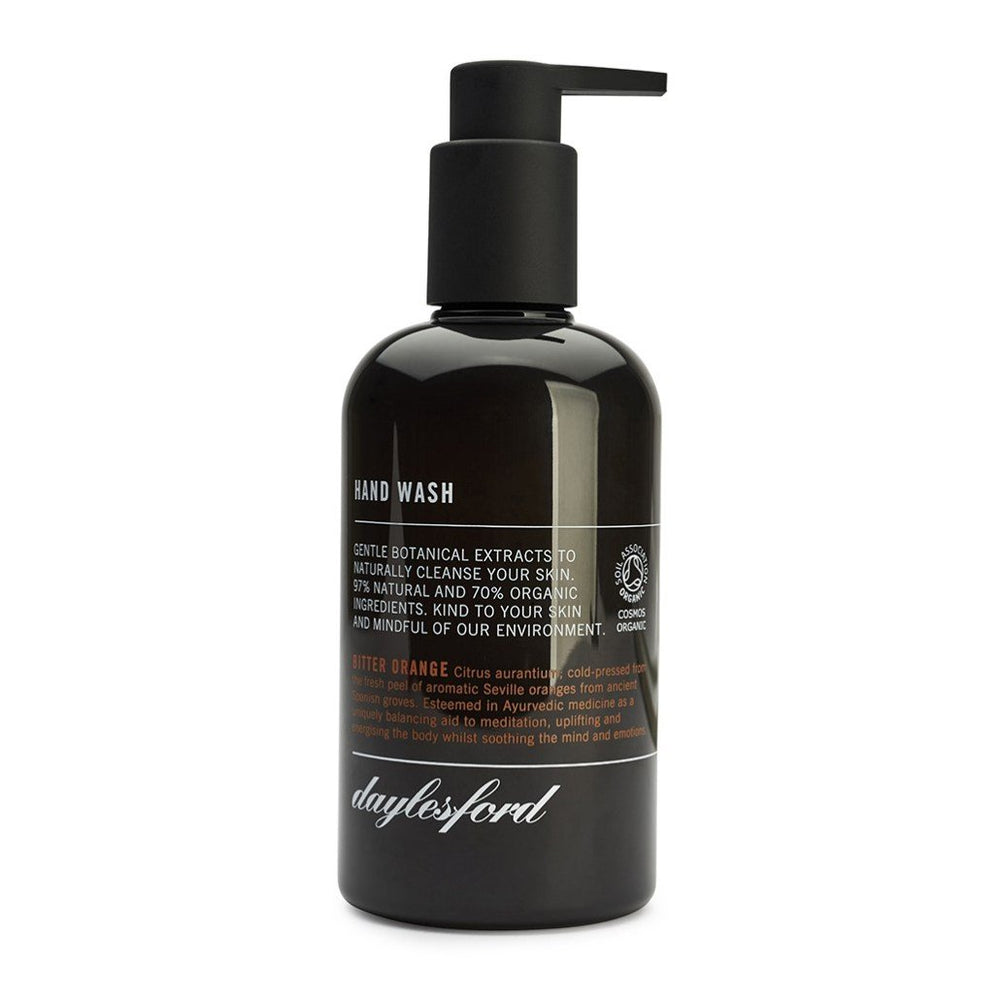 Daylesford organic hand wash. Black bottle and black push down pump lid. Nourishing botanical extracts to soften and soothe your hands 99% natural and 85% organic ingredients. Bitter orange scent. 