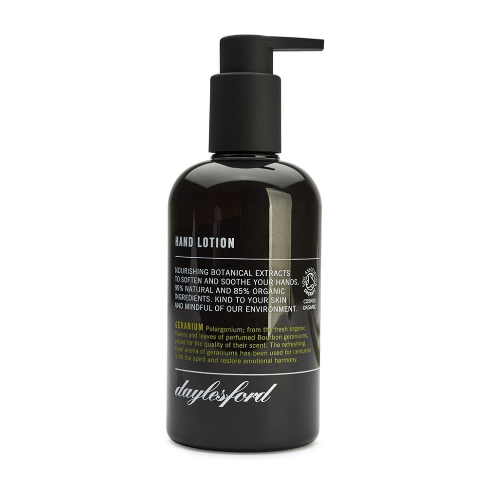 Daylesford organic hand lotion. Black bottle and black push down pump lid. Nourishing botanical extracts to soften and soothe your hands 99% natural and 85% organic ingredients. Geranium scent