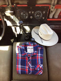 One Gun Ranch MENS Flannel. Red, white and blue flannel design. Made in Los Angeles. 