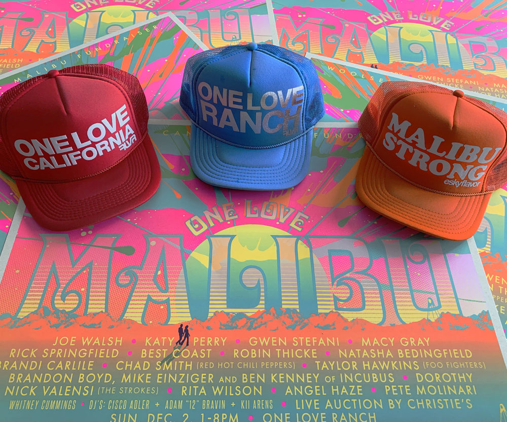One Love Ranch ESKY Hat with adjustable strap back. Comes in blue and red. There's chrome writing on the from stating California Strong, Malibu Strong, and one love ranch. 